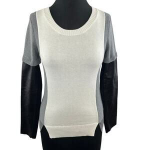 AiKO Sabine Cotton Cashmere Blend Leather Panel Sweater Cream Gray Black S Small